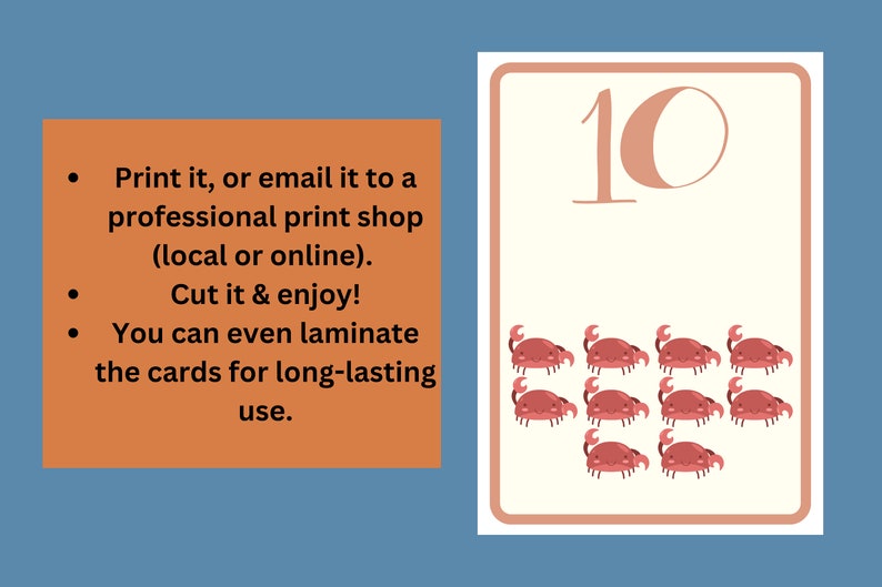 May include: A printable card with the number 10 and ten red crabs. Instructions for printing, cutting, and laminating the card are included.
