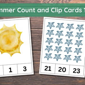 Comptage de l'été et cartes à clip, imprimables préscolaires, mathématiques préscolaires, maternelle, école à domicile, Montessori, imprimable, activité à imprimer