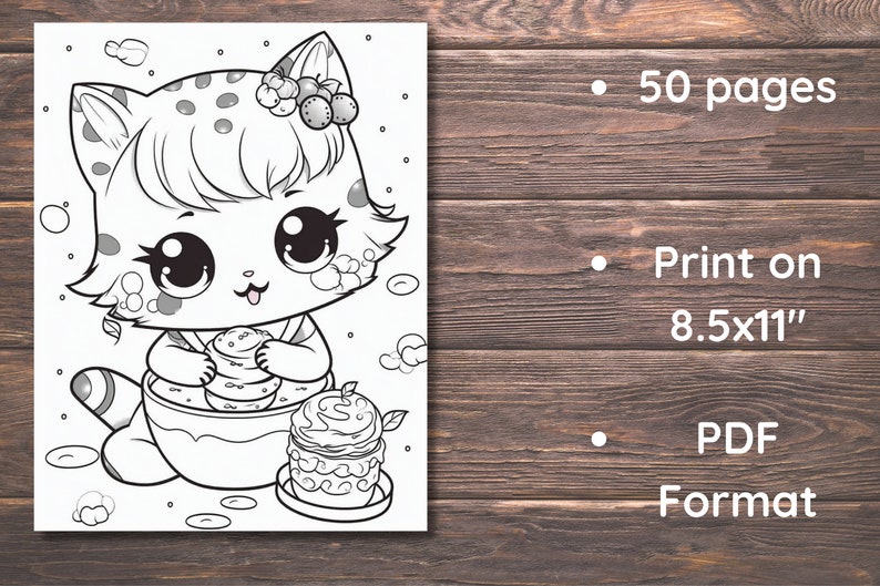 May include: Black and white line art coloring page featuring a cute cartoon cat with large eyes holding a bowl of fruit. The cat is wearing a headband with berries. The text "50 pages", "Print on 8.5x11"