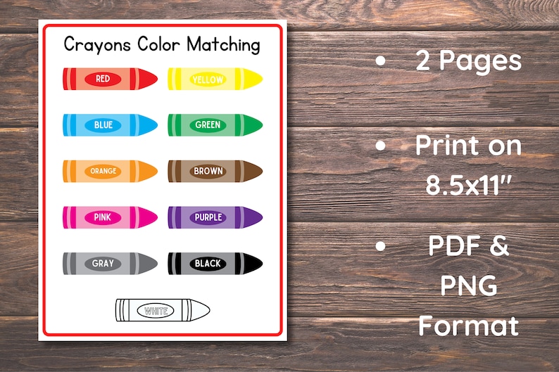May include: A printable worksheet for kids to practice color matching. The worksheet features a set of crayons with different colors, including red, yellow, blue, green, orange, brown, pink, purple, gray, black, and white. The worksheet is designed to be printed on 8.5x11 inch paper and is available in PDF and PNG formats.