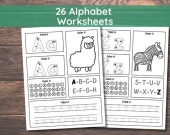 26 Alphabet Worksheets, Upper & Lowercase, Kindergarten,Preschool, Learning Activity Practice, Letter Trace, Color, Write, Homeschool