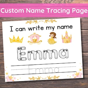 Hoja de seguimiento de nombre personalizada Práctica de escritura a mano Hoja de trabajo sencilla de seguimiento de nombre personalizado Página de nombres imprimible Tema de princesas para niñas y niños