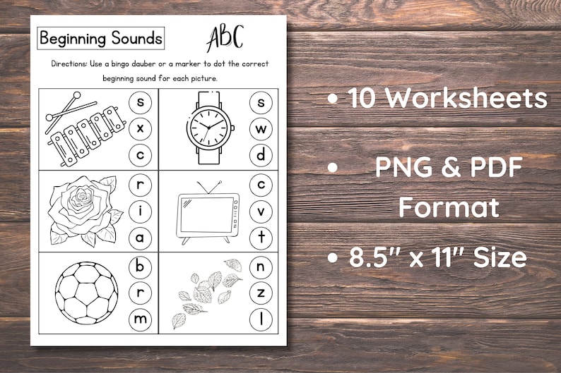 May include: Black and white printable worksheet for kids to practice beginning sounds. The worksheet features four images: a xylophone, a watch, a television, and a soccer ball.  The worksheet includes the letters s, x, c, w, d, r, i, a, c, v, t, b, r, m, n, z, l.  The text "Beginning Sounds" and "ABC" is at the top of the worksheet.  The text "Directions: Use a bingo dauber or a marker to dot the correct beginning sound for each picture." is below the title.  The worksheet is 8.5 inches by 11 inches.