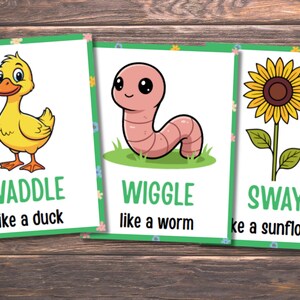 Pode incluir: Tr&ecirc;s cart&otilde;es ilustrados com borda verde. Os cart&otilde;es apresentam um pato amarelo, uma minhoca rosa e um girassol. O texto nos cart&otilde;es diz "WADDLE like a duck", "WIGGLE like a worm" e "SWAY like a sunflower".
