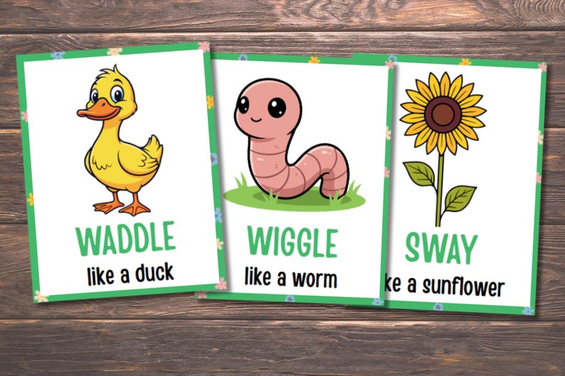 Pode incluir: Tr&ecirc;s cart&otilde;es ilustrados com borda verde. Os cart&otilde;es apresentam um pato amarelo, uma minhoca rosa e um girassol. O texto nos cart&otilde;es diz "WADDLE like a duck", "WIGGLE like a worm" e "SWAY like a sunflower".