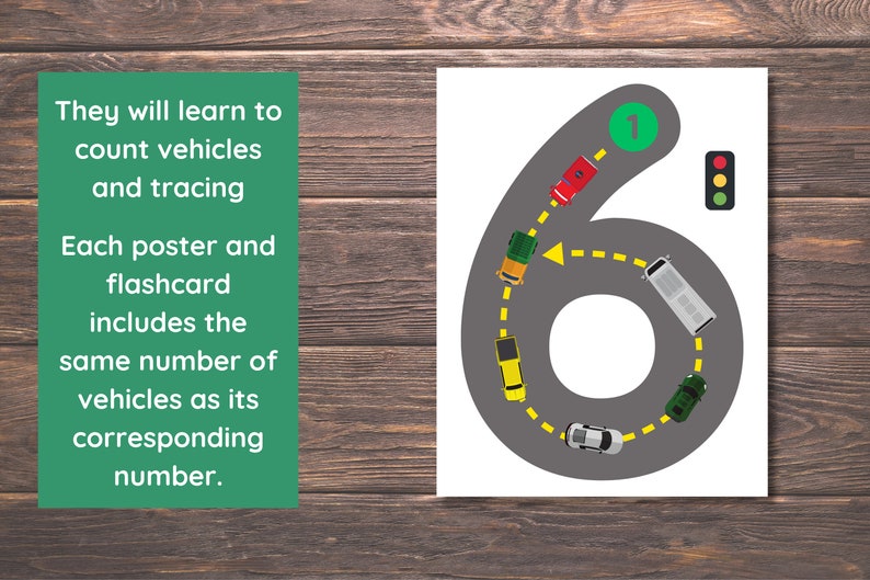 May include: An educational poster featuring a large gray number six shaped like a road. Six colorful toy vehicles are positioned along the road path, which includes a green circle with the number one, a yellow arrow, and a traffic light icon.