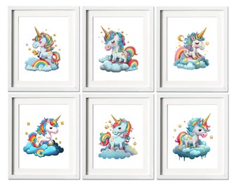 Set of 7 Unicorn Watercolor Wall Art, Printable Unicorn Art, Teen Girls Room Decor Prints, Unicorn Gold Glitter, Pink Blush,Cloud Rainbow