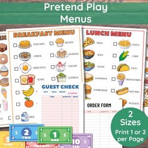 以下が含まれることがあります： パンケーキ、ピザ、スパゲッティなどの食べ物のイラストが描かれた、朝食、ランチ、ディナーのオプションを備えた、ごっこ遊び用のメニュー。ゲストチェックとプレイマネーが含まれています。テキストは「ごっこ遊びメニュー」と書かれています。