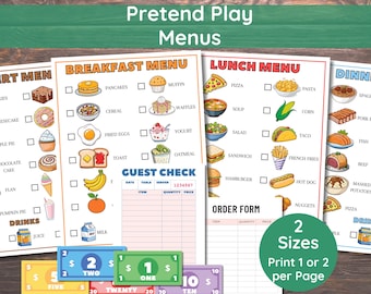Pretend Play Menus, Pretend Restaurant Menus, Kids Play Menus, Kids Restaurant Menu, Kitchen Play Menus, Fun Menu, Play Set Playmoney