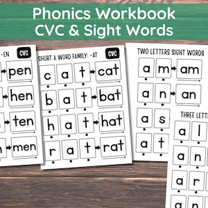 Libro de actividades fonéticas, hojas de trabajo de familias de palabras CVC, palabras visuales, aprender a leer en jardín de infantes, fonética para jardín de infantes, actividades CVC