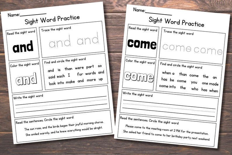 May include: Black and white printable worksheet for practising the sight words "and" and "come". The worksheet includes activities such as reading, tracing, colouring, writing, and finding and circling the sight words in sentences.