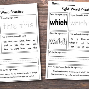 May include: Black and white printable worksheet for practising sight words. The worksheet features the words "this" and "which" with activities such as reading, tracing, colouring, and finding the word in a sentence.