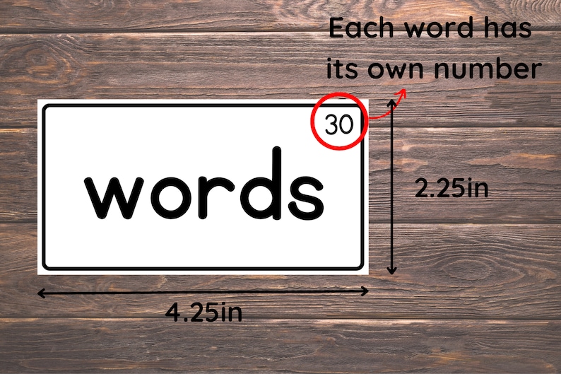 May include: A white card with a black border and the word "words" printed in large, bold, black letters. The card is 4.25 inches wide and 2.25 inches tall. A red circle with the number 30 inside is in the top right corner of the card.