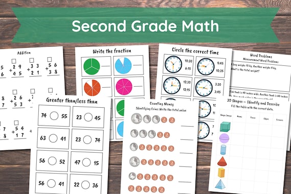 Second Grade Math Worksheets, Second Grade Word Problems, Addition, Subtraction, Shapes,  Fraction, Math Review, 2nd Grade Math Worksheets