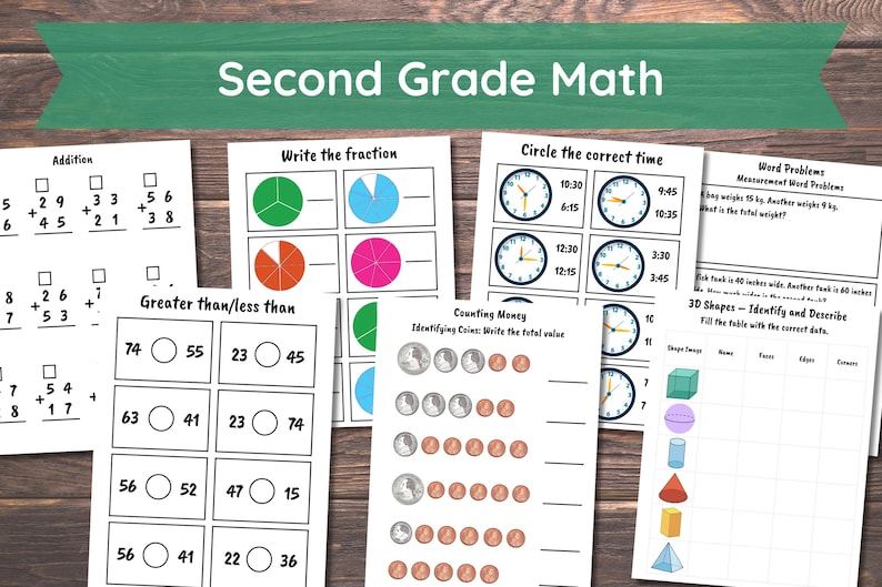 Pode incluir: Folhas de trabalho educacionais para matem&aacute;tica da segunda s&eacute;rie, incluindo adi&ccedil;&atilde;o, fra&ccedil;&otilde;es, tempo, dinheiro e problemas de palavras. As folhas de trabalho apresentam rel&oacute;gios, moedas e formas geom&eacute;tricas. O t&iacute;tulo &eacute; "Second Grade Math".