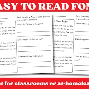 May include: Educational worksheets with the text "EASY TO READ FONT" in red. The worksheets include reading comprehension exercises with questions about stories like "The Lost Hat" and "Kite Flew Away".