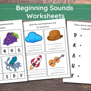Peut inclure: Feuilles de travail éducatives pour apprendre les sons initiaux. Les feuilles de travail présentent des illustrations colorées d'un singe, de raisins, d'un sac à dos, d'un nuage, d'un chapeau, d'une fusée, d'un violon, d'un parapluie, d'une fleur, d'une poêle, d'un kiwi et d'un avion.