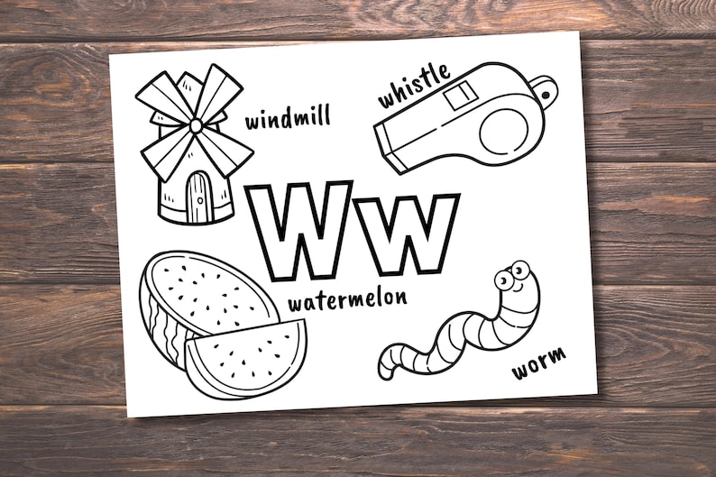 May include: Black and white printable worksheet featuring the letter W and various objects that start with the letter W, including a windmill, whistle, watermelon, and worm. The words "windmill", "whistle", "watermelon", and "worm" are written next to each object.