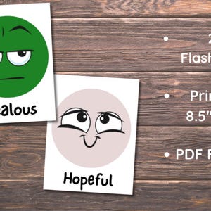 May include: Two flashcards with cartoon faces representing emotions. One card shows a green circle with a frowning face and the word "Jealous." The other card displays a light pink circle with a hopeful face and the word "Hopeful."