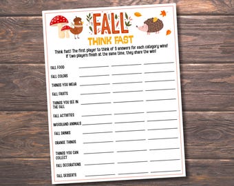 Fall Think Fast Game Printable, Fall Party Game, Autumn Game for Kids & Adults, Think Quick Game, Fall Icebreaker Activity