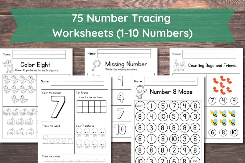 May include: Black and white printable worksheets for children to practise number tracing, counting, and colour recognition. The worksheets feature numbers 1 through 10 and include activities such as colouring pictures, completing ten frames, and solving mazes.