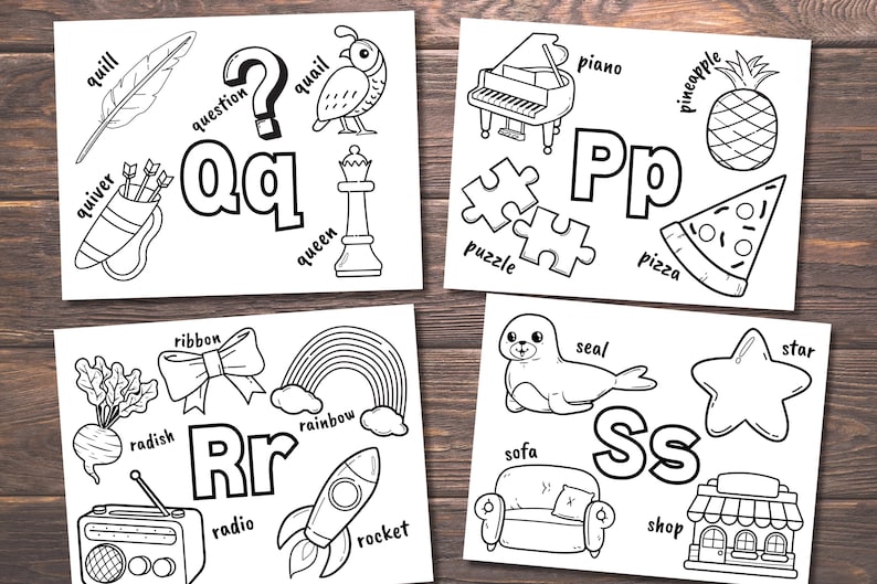May include: Black and white colouring pages featuring the letters Q, P, R, and S with various objects that start with those letters.  The letters are in large, bold font.  The objects include a quill, question mark, quail, quiver, queen, piano, pineapple, puzzle, pizza, ribbon, radish, rainbow, radio, rocket, seal, sofa, star, shop, and a shop.