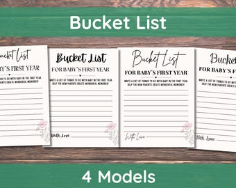Gra Baby Bucket List Minimalist, Karty na pierwszy rok życia dziecka, Wydrukowana aktywność na baby shower, Szablon listy życzeń, Neutralny pod względem płci