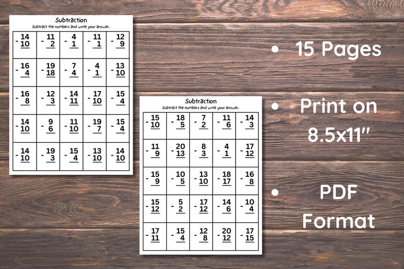 May include: Two worksheets with subtraction problems are displayed on a wooden surface. The worksheets are titled "Subtraction" and include math problems. The text "15 Pages", "Print on 8.5x11" and "PDF Format" are also visible.