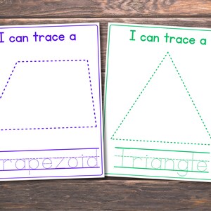 May include: Two printable worksheets for kids to practice tracing shapes. The first worksheet features a trapezoid with the word "trapezoid" written below. The second worksheet features a triangle with the word "triangle" written below.