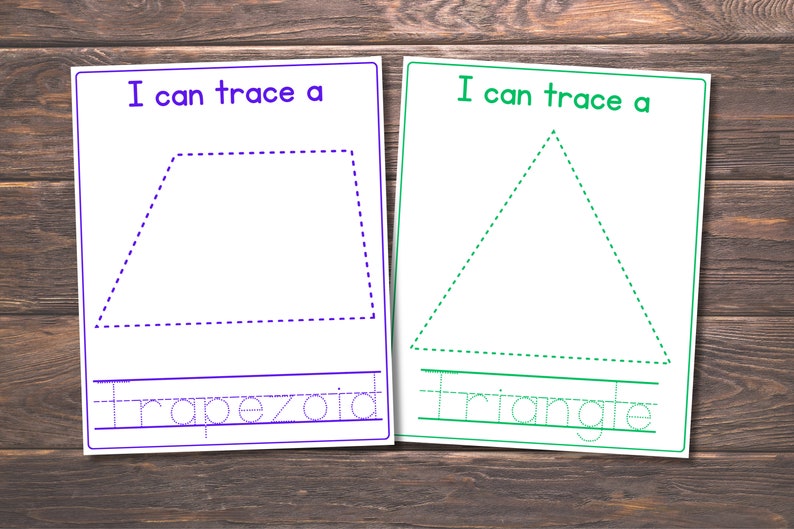 May include: Two printable worksheets for kids to practice tracing shapes. The first worksheet features a trapezoid with the word "trapezoid" written below. The second worksheet features a triangle with the word "triangle" written below.