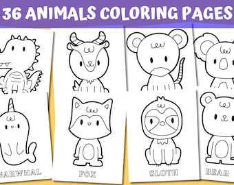 36 Animals Coloring Pages, Coloring Pages For Kids, Printable Coloring Book, Forest Animals, Forest Animals, Kids Coloring Sheets, Digital