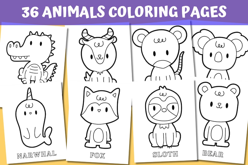 May include: A set of 36 black and white animal coloring pages featuring a narwhal, fox, sloth, bear, crocodile, goat, monkey, and koala. Each page has a simple outline of the animal for kids to color.