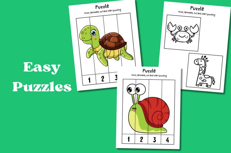 May include: Four printable puzzle cards featuring a turtle, snail, crab, and giraffe. Each card is divided into numbered sections for easy assembly. The text "Puzzle" and "Print, Laminate, cut and start puzzling" appears on each card.