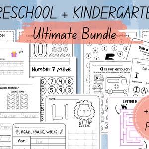 Preschool Pre-K + Kindergarten Learning Bundle | +600 Pages | Printable Activity Worksheets | Coloring | Dot To Dot | Tracing | Alphabet