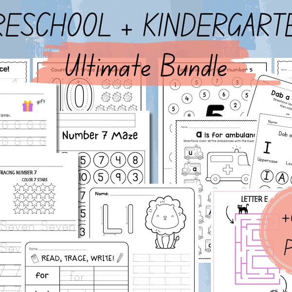 Preschool Pre-K + Kindergarten Learning Bundle | +600 Pages | Printable Activity Worksheets | Coloring | Dot To Dot | Tracing | Alphabet