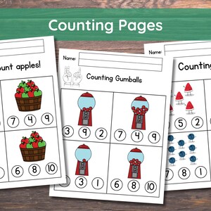 May include: Three printable worksheets for counting practice. The first worksheet features apples in baskets, the second features gumballs in a gumball machine, and the third features watermelon, birds, and apples. Each worksheet has a space for a name at the top and includes numbers 1-10.