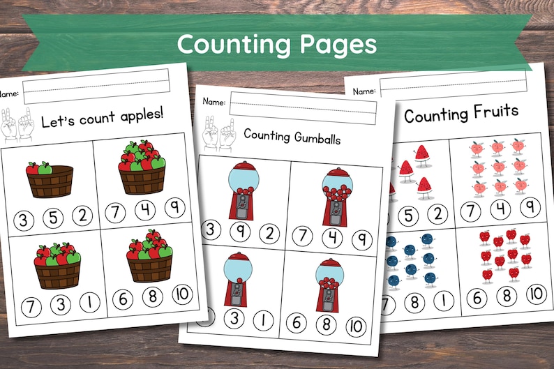 May include: Three printable worksheets for counting practice. The first worksheet features apples in baskets, the second features gumballs in a gumball machine, and the third features watermelon, birds, and apples. Each worksheet has a space for a name at the top and includes numbers 1-10.