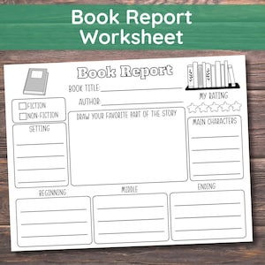 Könnte beinhalten: Ein weißes "Book Report Worksheet" auf einer Holzoberfläche. Das Arbeitsblatt enthält Abschnitte für Buchtitel, Autor und einen Bereich zum Zeichnen des Lieblingsteils der Geschichte. Es hat auch Abschnitte für Schauplatz, Hauptfiguren und Bewertung.