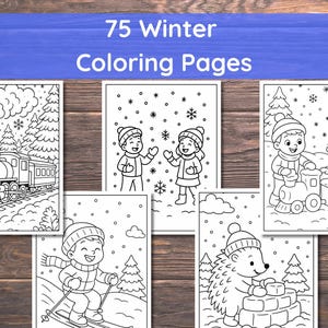 May include: A collection of 75 winter coloring pages. The black and white illustrations depict winter scenes, including children playing in the snow, a train, a hedgehog, and a skier. The pages are designed for coloring.