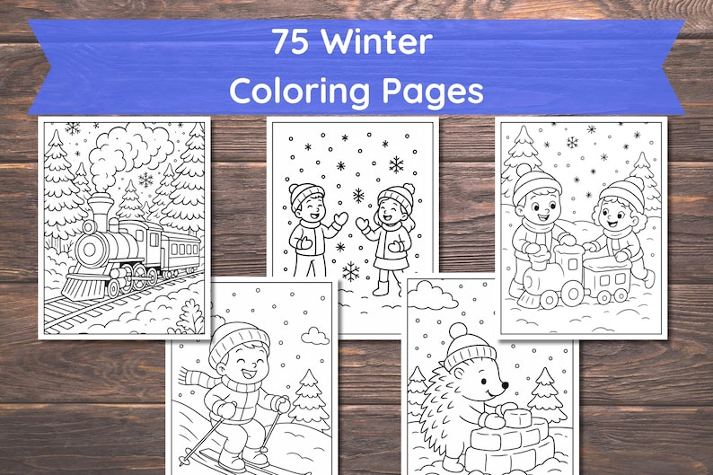 May include: A collection of 75 winter coloring pages. The black and white illustrations depict winter scenes, including children playing in the snow, a train, a hedgehog, and a skier. The pages are designed for coloring.