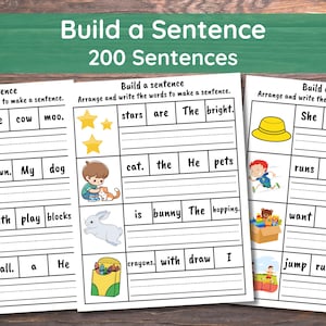 200 Build the Sentence Worksheets, Printable Sentences Writing Practice Activity, Kindergarten 1st 2nd Grade ELA Worksheet, 50 Pages