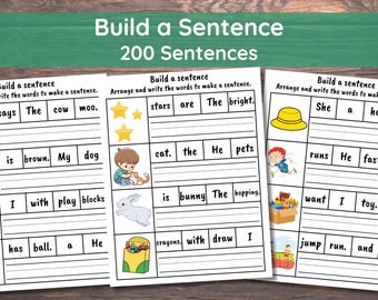 200 Build the Sentence Worksheets, Printable Sentences Writing Practice Activity, Kindergarten 1st 2nd Grade ELA Worksheet, 50 Pages