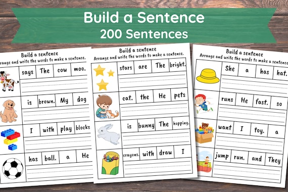 200 Build the Sentence Worksheets, Printable Sentences Writing Practice Activity, Kindergarten 1st 2nd Grade ELA Worksheet, 50 Pages