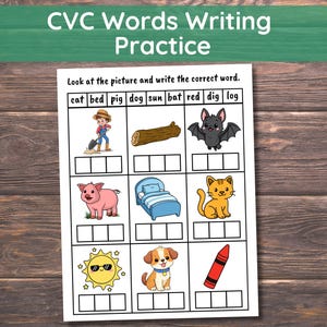 以下が含まれることがあります： CVC単語の書き取り練習用のワークシート。ワークシートには、農夫、丸太、コウモリ、豚、ベッド、猫、太陽、犬、クレヨンなどのカラフルなイラストが掲載されています。上部のテキストは「CVC Words Writing Practice」と書かれています。