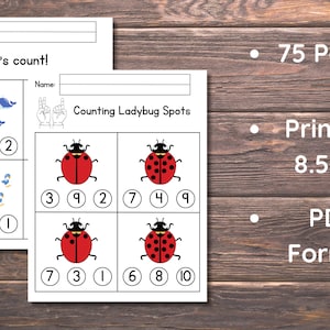 May include: A printable worksheet for children to practise counting. The worksheet features a ladybug with black spots and the numbers 3, 9, 2, 7, 4, 9, 7, 3, 1, 6, 8, and 10. The text "Counting Ladybug Spots" is at the top of the worksheet. The worksheet is designed to be printed on A4 paper.