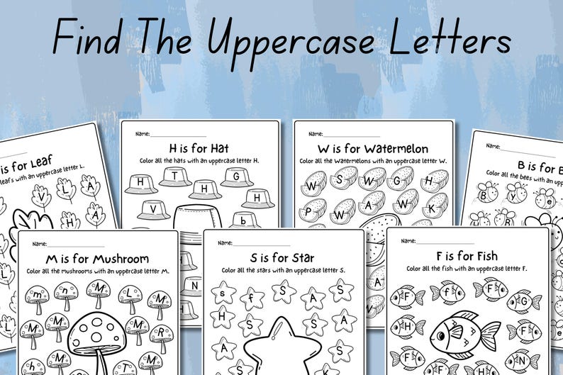 Pu&ograve; includere: Foglio di lavoro stampabile in bianco e nero per bambini per esercitarsi a identificare le lettere maiuscole. Il foglio di lavoro presenta diverse immagini con la lettera del giorno nascosta all'interno dell'immagine. Ad esempio, la lettera 'H' &egrave; nascosta nell'immagine dei cappelli, la lettera 'W' &egrave; nascosta nell'immagine delle angurie e la lettera 'M' &egrave; nascosta nell'immagine dei funghi.