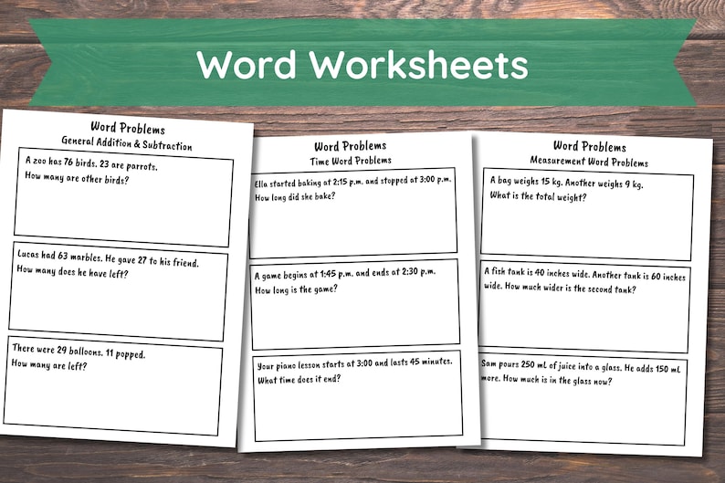 Pode incluir: Tr&ecirc;s folhas de exerc&iacute;cios brancas com problemas de palavras em uma superf&iacute;cie de madeira. As folhas de exerc&iacute;cios s&atilde;o rotuladas como "Word Problems" e incluem se&ccedil;&otilde;es sobre adi&ccedil;&atilde;o, subtra&ccedil;&atilde;o, tempo e medi&ccedil;&atilde;o. O banner superior diz "Word Worksheets".