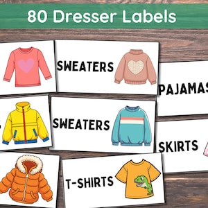 Op de afbeelding: Een verzameling van 80 dressoiretiketten met kledingillustraties. Labels zijn onder meer "Shirts met lange mouwen", "Jassen", "Jassen", "Truien", "T-shirts", "Pyjama's" en "Rokken". De labels bevatten kleurrijke tekeningen van elk kledingstuk.