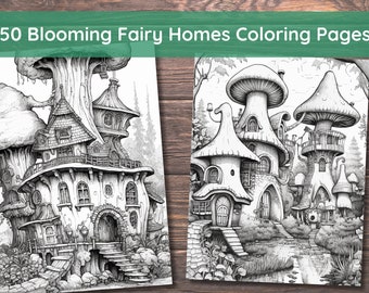 50 páginas para colorear de casas de hadas en flor, niños adultos descarga instantánea -Páginas para colorear en escala de grises -PDF imprimible, casas de flores, casas de hadas