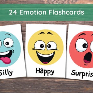 May include: Three emotion flashcards with cartoon faces: a blue face labeled "Silly", a yellow face labeled "Happy", and a red face labeled "Surprised". The text "24 Emotion Flashcards" is above the cards on a green banner.